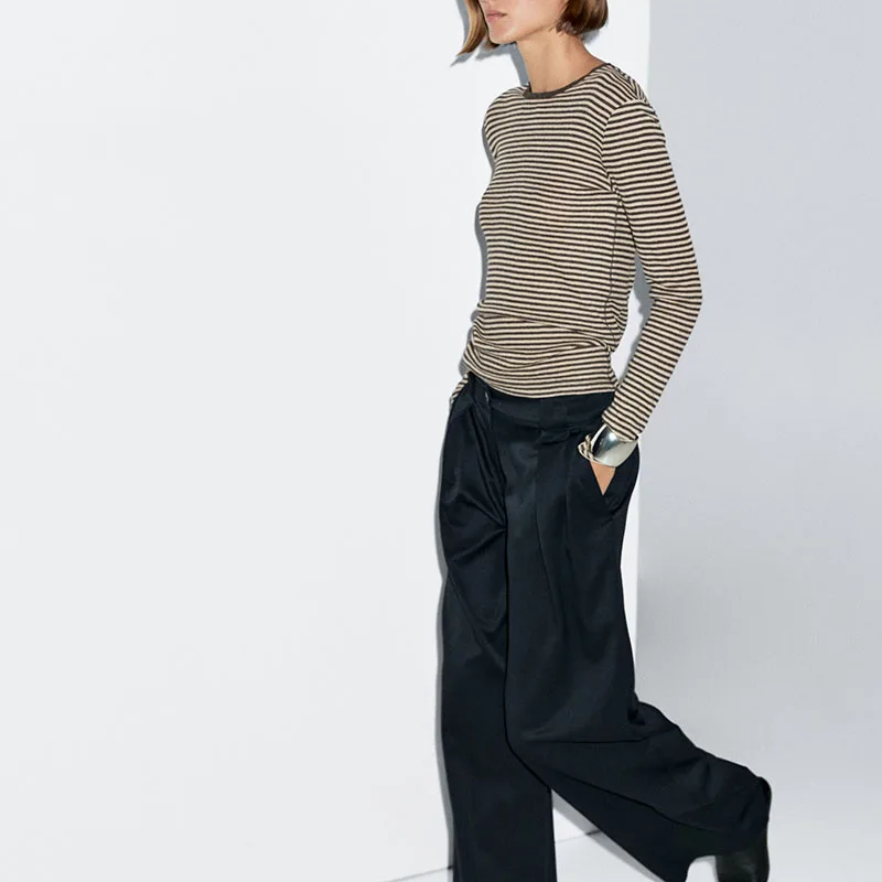 Slim Fit rond Ne Long Sve gestreept gebreid T-shirt Dames Casual Sle Top Nieuwe collectie Herfstseizoen Faion Trend