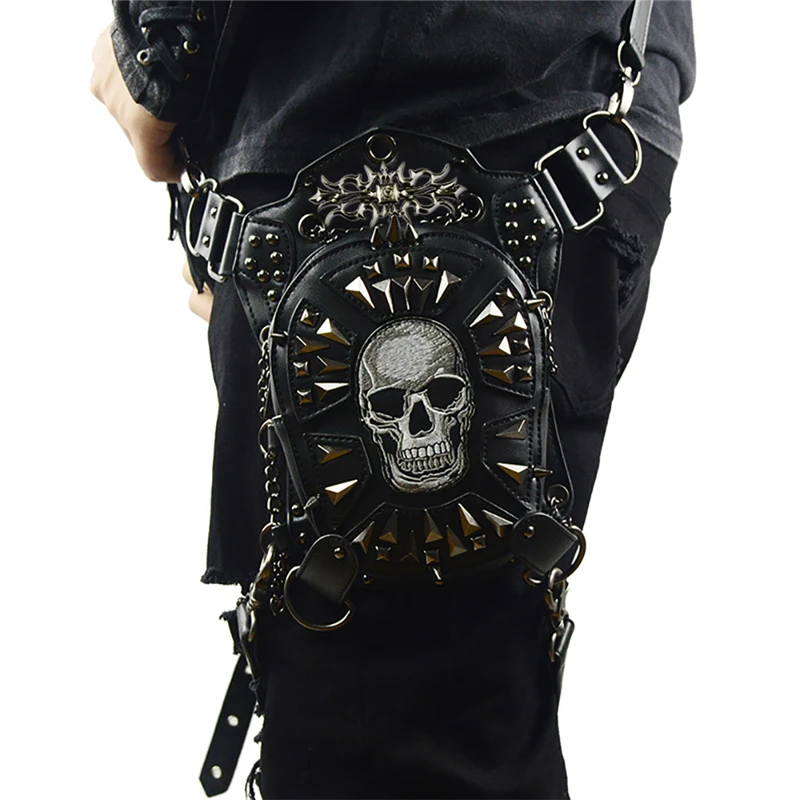 Gothic Steampunk Skull Bag Punk Women Messenger Bag Leather Rivet Waist Leg Bags Fashion Retro Rock Motorcycle Leg Bag for Men