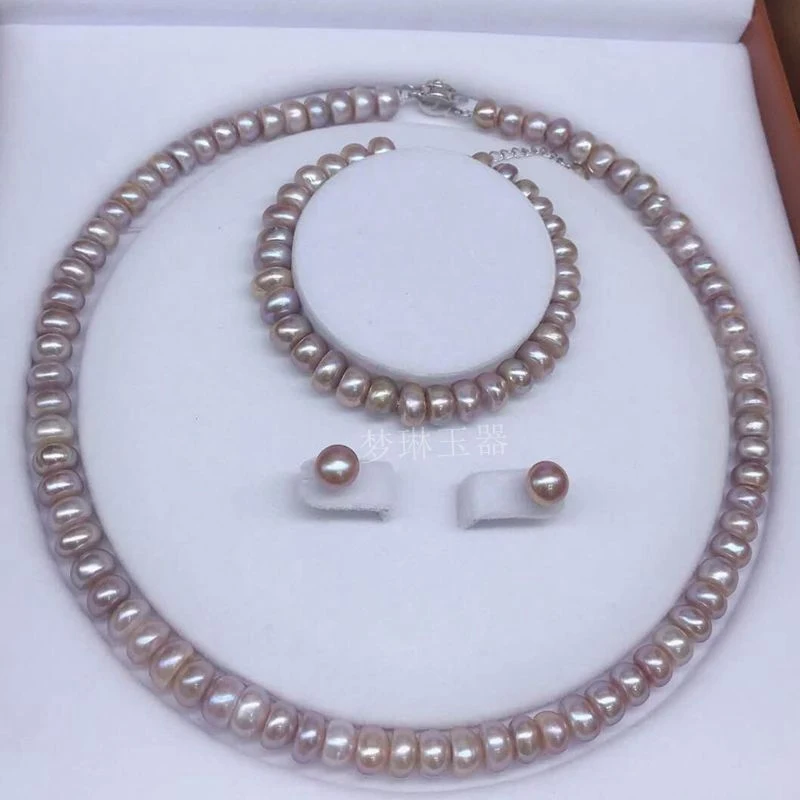 

New natural fashionable purple pearl necklace, bracelet, and earrings three-piece set, bead diameter approximately 8mm