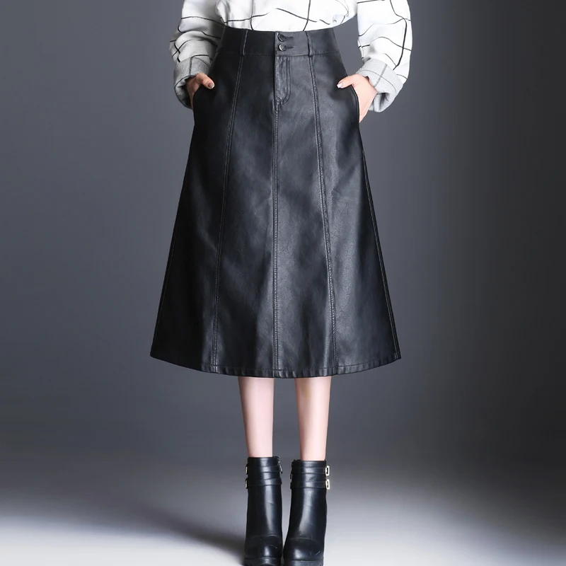 

Женская юбка трапециевидной формы из искусственной кожи, новая осенне-зимняя элегантная шикарная свободная повседневная офисная женская юбка с высокой талией и карманами средней длины