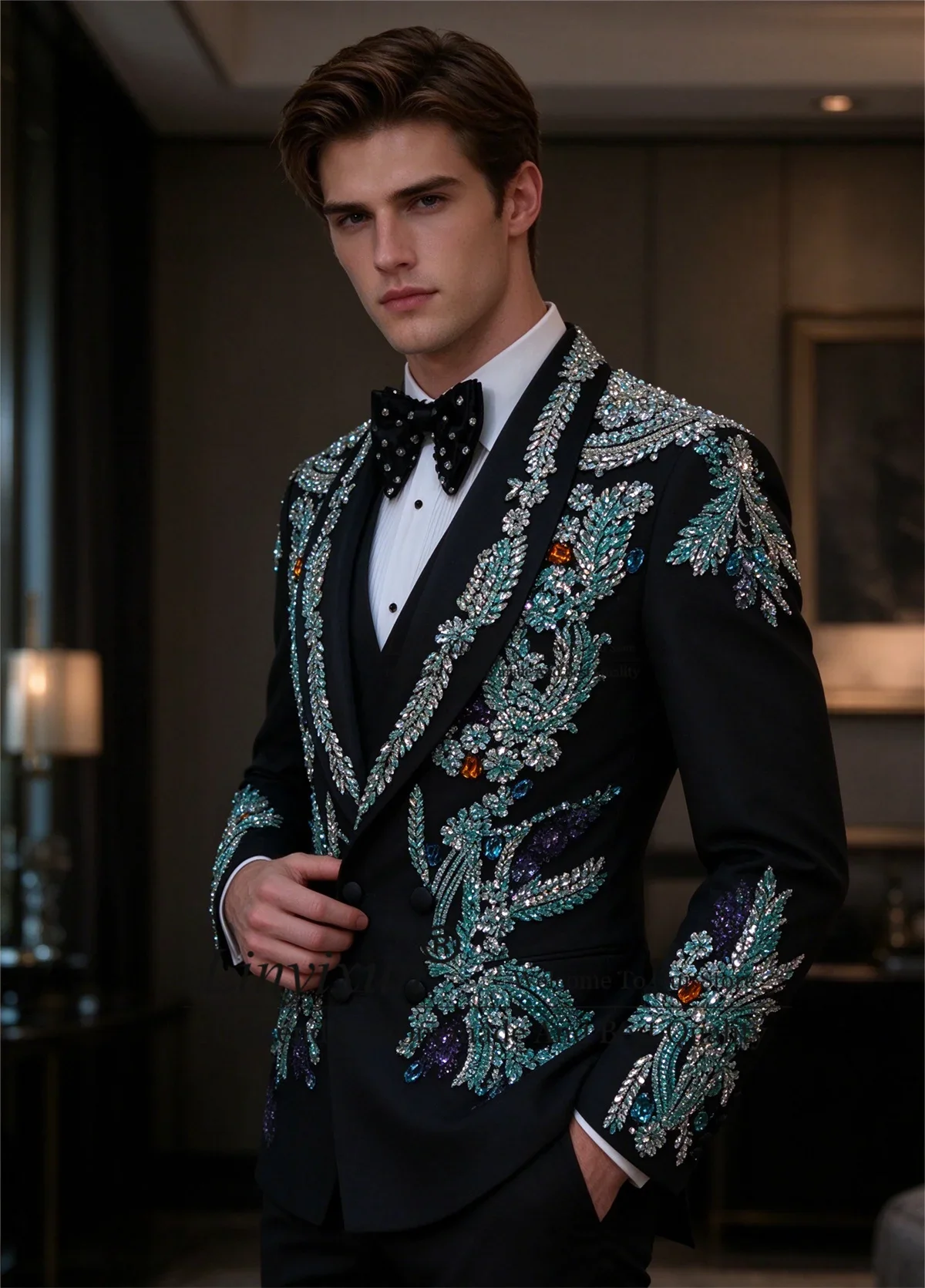 Sparkly Crystals Diamond Tuxedos Men Suits 3 Pieces Sets Slim Fit Wedding Groom Blazers Customized Party rajes para hombre