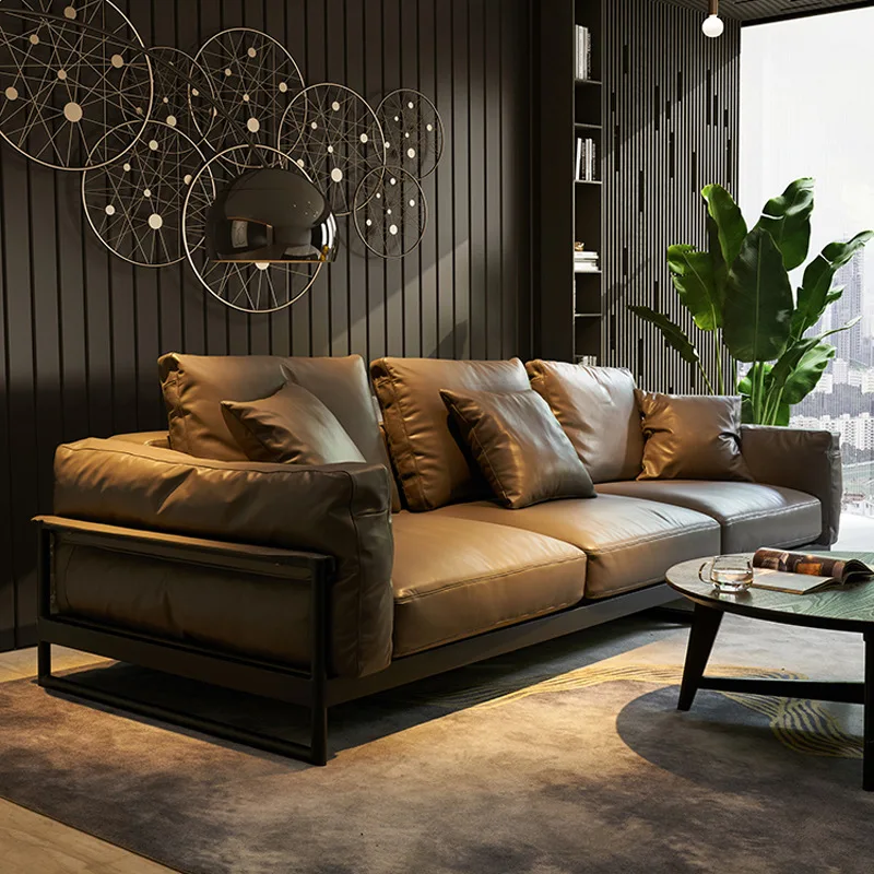 #Italian Top Layer Cowhide Sofa Light Luxury Down Filled Minimalist Straight Leather Sofa For Small Living Room Home Furniture