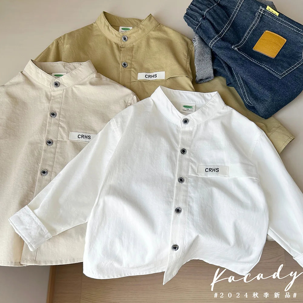 Teen Jungen Hemd Mäntel Frühling Herbst Neue Einfarbig Einreiher Stehkragen Langarm Top Für 3-10Y Kinder Baumwolle hemd
