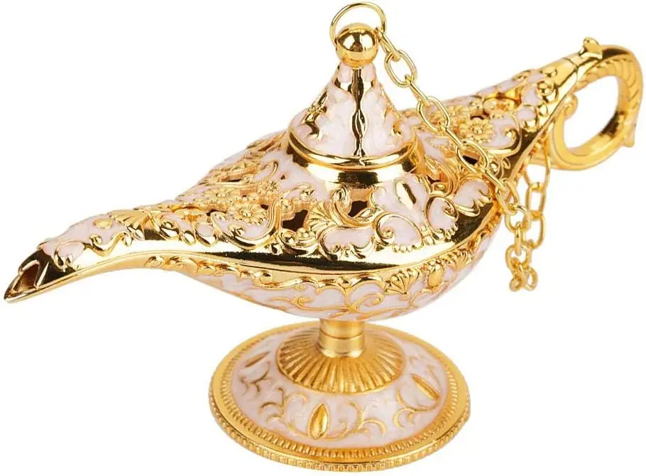 Samfox Genie Light Lamp Aladdin Light Magic Genie Light Metal Carved Hollow Legend Lamp Wishing Pot Decor(Gold White)