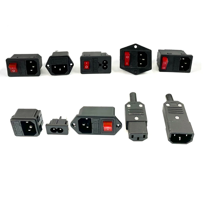 IEC320 C14 Electrical AC Socket 3 pin red LED 250V Rocker Switch 10A fuse female male inlet plug connector 2 pin socket mount