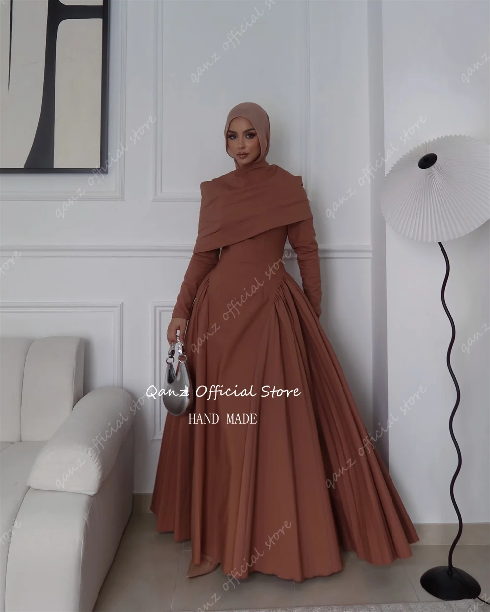 Qanz Eid Muslim Evening Dresses Women Long Sleeves Pleat Islam Vestidos Arab Long Robe Ramadan Morocco Dubai Abayas Customized