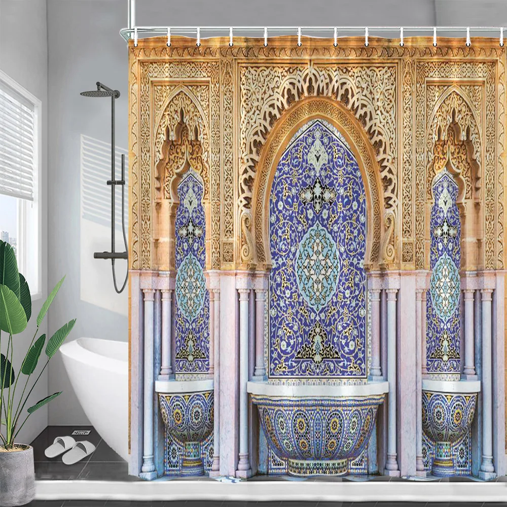 Vintage Moroccan Shower Curtains Arch Ethnic Style Floral Architecture Home Wall Hanging Cloth Bathroom Curtain Decor With Hooks