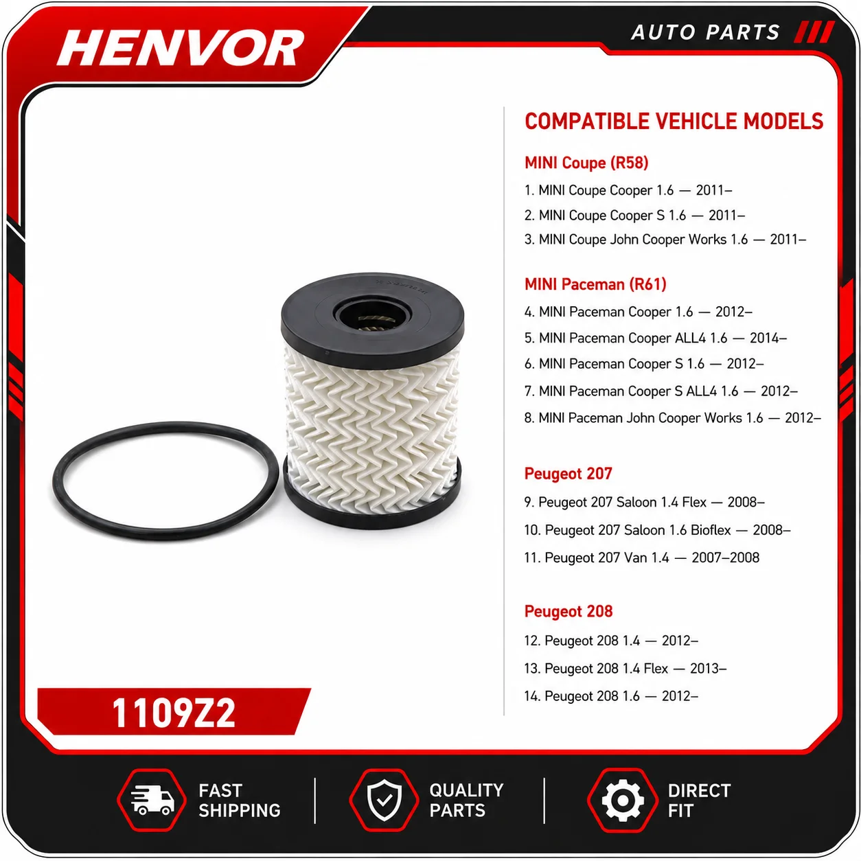 Oil Filter for Peugeot 206 207 208 307 408 508 3008 5008 Citroen C2 C3 C4 C5 DS3 MINI Cooper Paceman 1109Z2