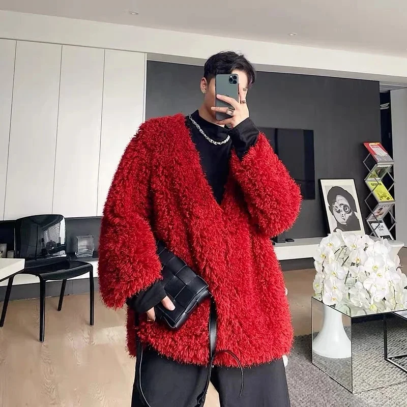 Hooded V-neck Woolen Sweater Internet Famous Fashionable Loose Trendy Temperament Solid Color Style Rugged and Handsome Outfit