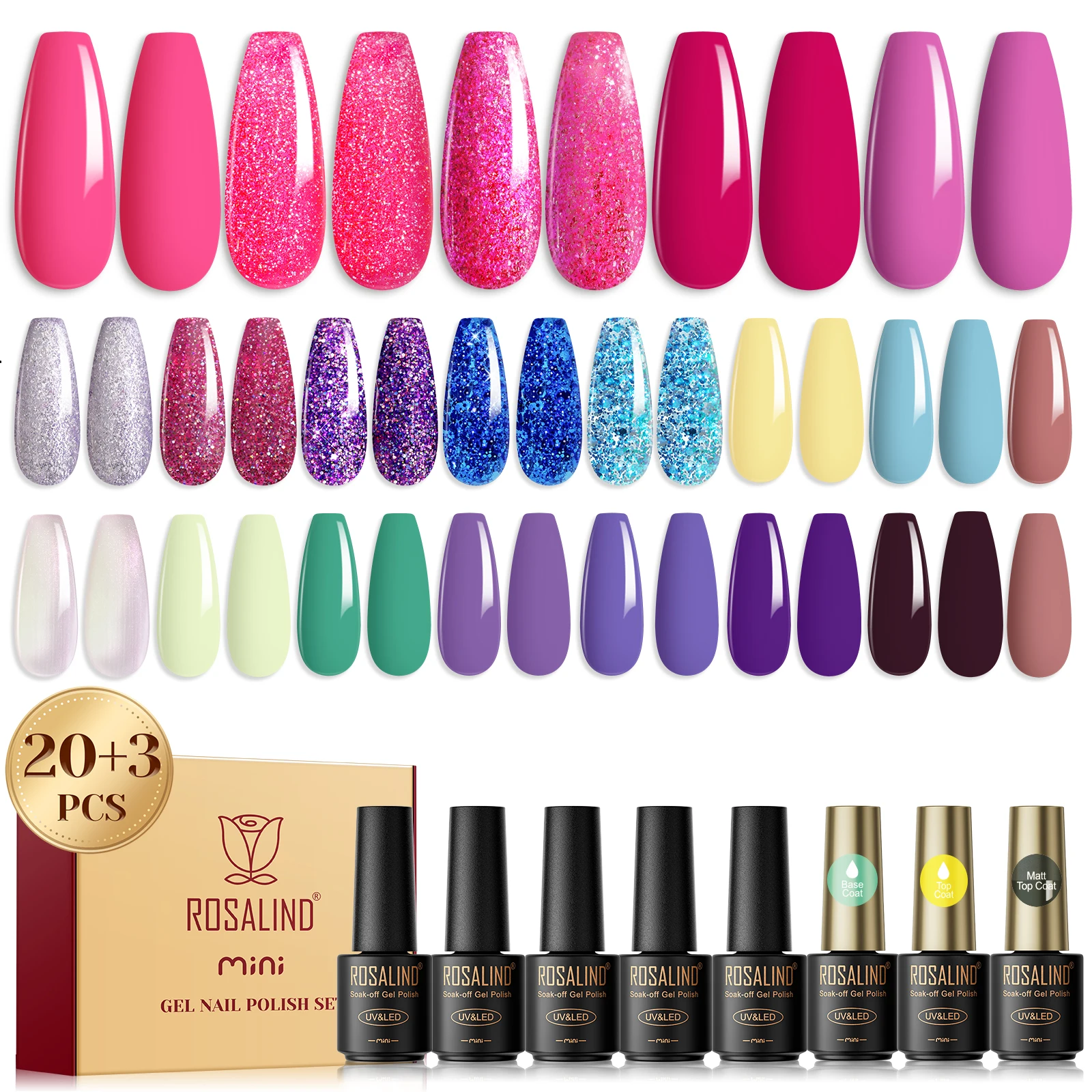 ROSALIND Gel Nail Polish Kit Hybrid Semi Permanent Gel Varnishes Manicure Nail Art Design 20 Colors +Base Matt Top Coat