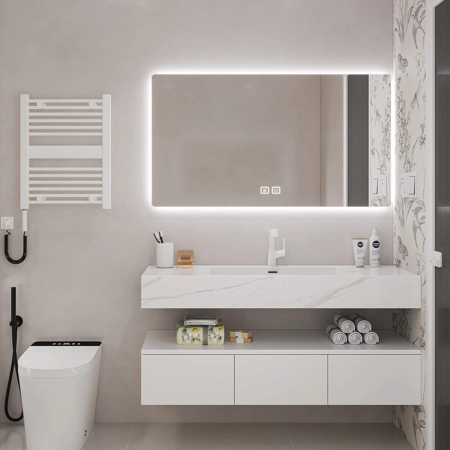 New Stylish Bathroom Furniture Cabinet with Smart Mirror Cabinet Modern White Wall Mounted Bathroom Vanity