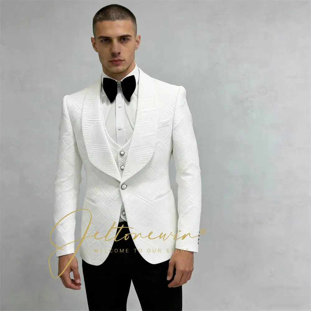 

White Plaid Suit for Men 3 Piece Fashion Style Elegant Formal Wear Wedding Groom Party Fashionable Outfit terno masculino