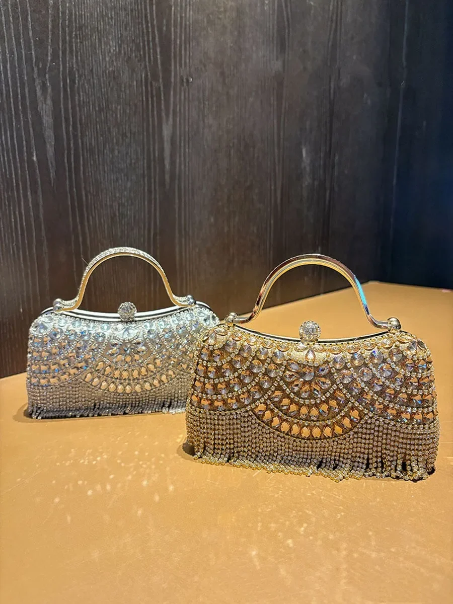 Metallische Strass-Diamant-Abendclutch mit Goldener Quaste, Luxuriöse Braut-Hochzeits-Party-Handtasche für Damen, Formelle Bankett- und Abschlussball-Tasche – Detail 3