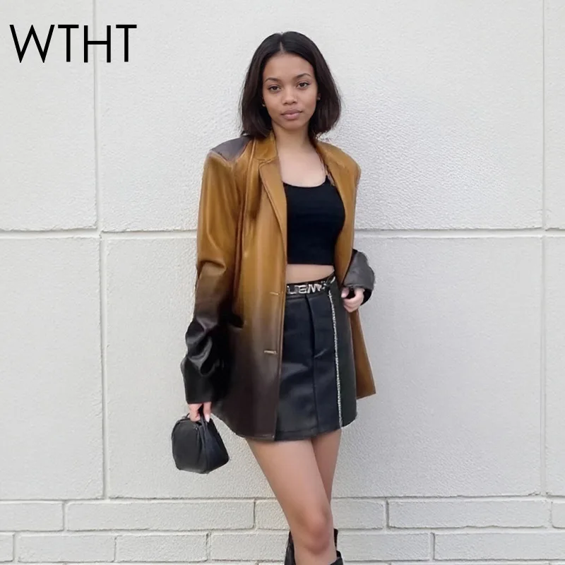 

WTHT Trendy New Women's Gradient PU Leather Blazer 2025 Summer Fashion Lapel Long Sleeves Loose Jacket Female 1LS2169