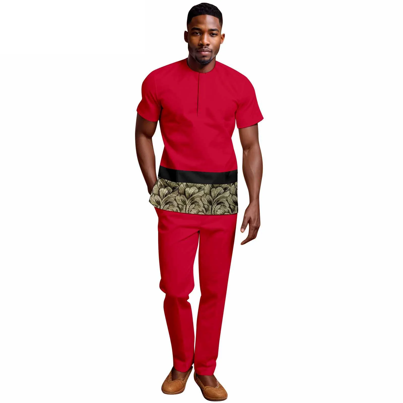 Африканский этнический однотонный хлопковый мужской повседневный костюм с короткими рукавами, топ и брюки, подходящий для разных случаев на вечеринках