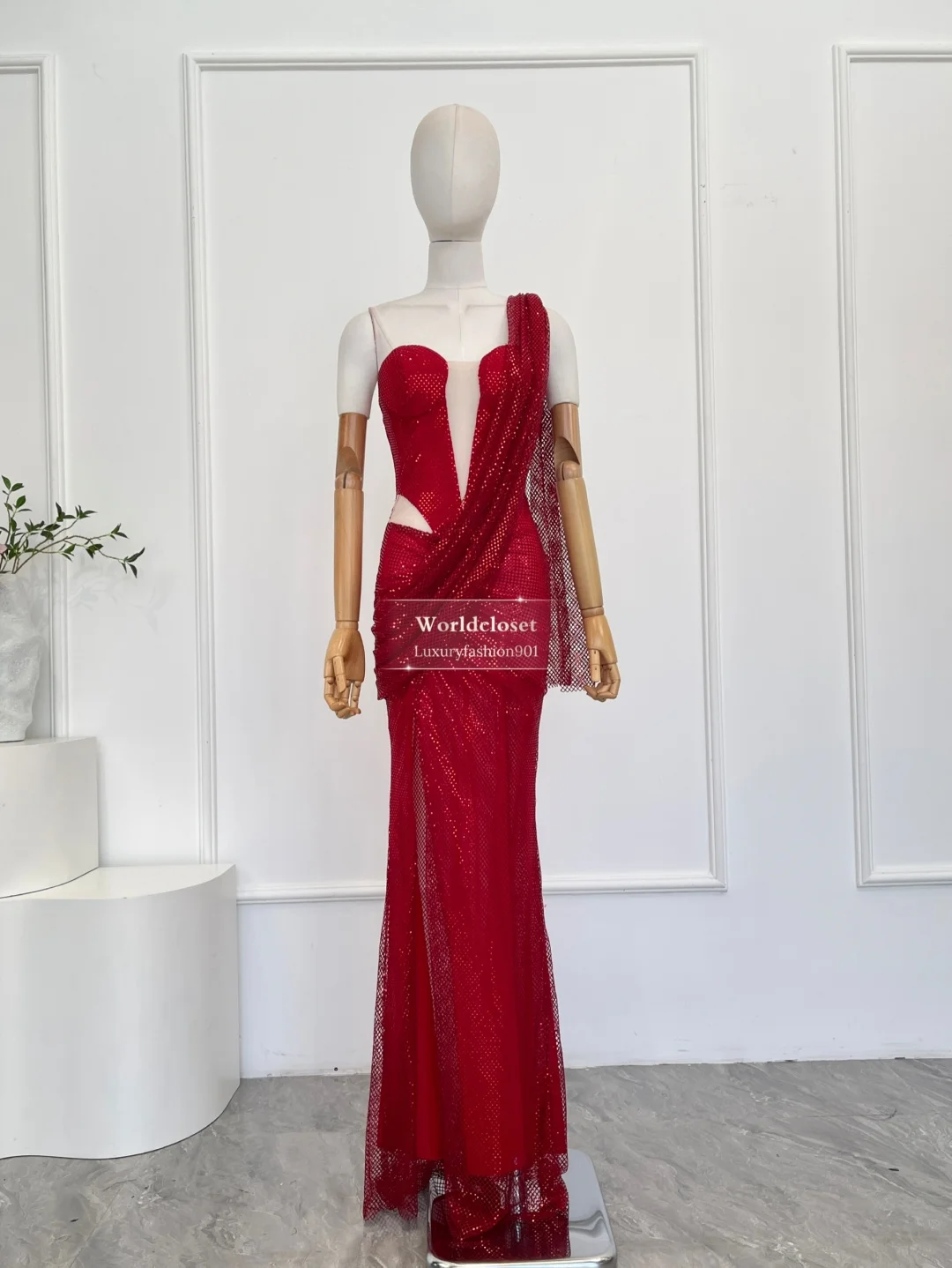 

Red Mesh Sleeveless Backless Tube Maxi Dresses for Party
