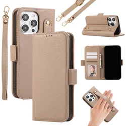 Luxury Crossbody Lanyard Leather Card Wallet Case For iPhone 11 12 13 14 15 16 17 Pro Max Plus Phone Bag Cover With Hand Strap