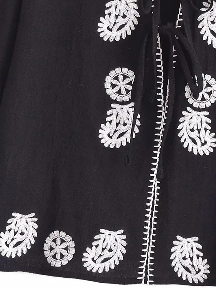 트라프 자 여성 빈티지 자수 타이 탑 스트리트 우아한 라운드 넥 카디건 긴 소매 셔츠 여름 캐주얼 블랙 루즈 탑 세련된 통근자 컴포트 셔츠