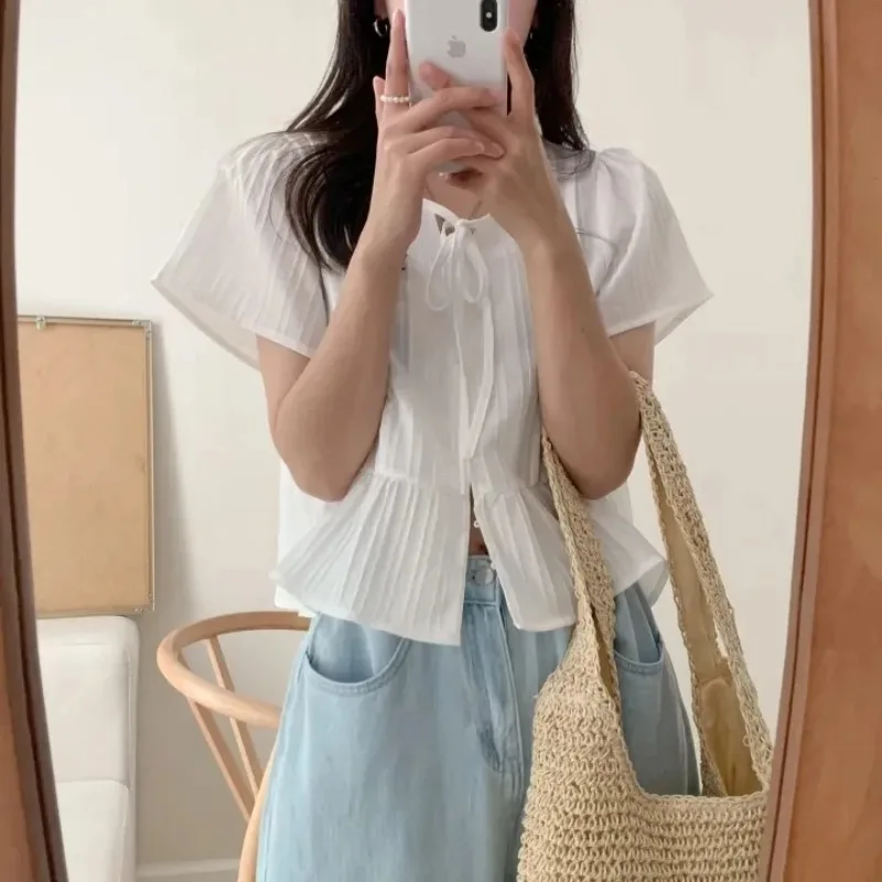 Korean Short Sleeve Blouses Simple Slimming Ort Round Solid Women's Fashion Top Banded Design Length Shirt