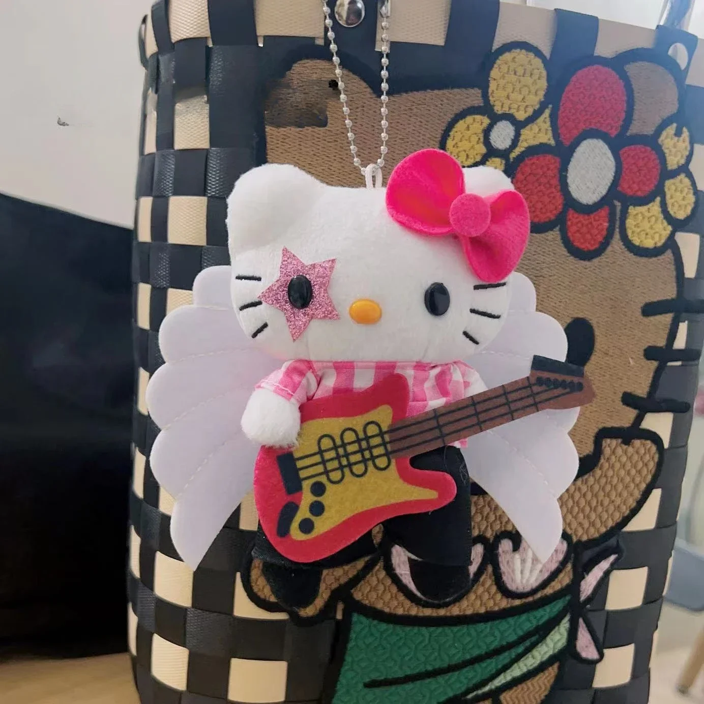 Y2K Rock Singer Hello Kittys Plush Doll Keychain Kawaii Guitar Angel Backpack Pendant Cute Decoration Children\' Toy Gift