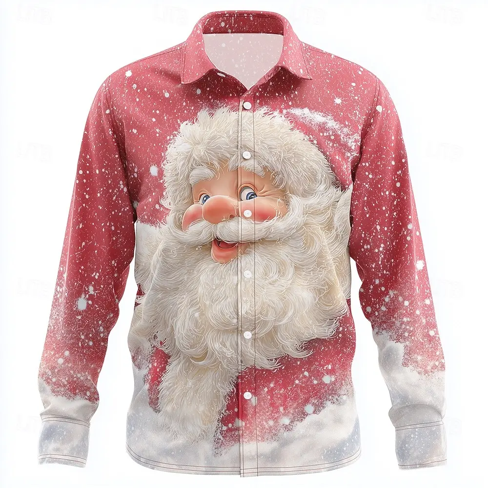 

2025 Christmas Men's Santa Claus Snowflake Christmas Light Shirt Button Up Shirt Long Sleeve Funny Christmas Gifts Holiday wear