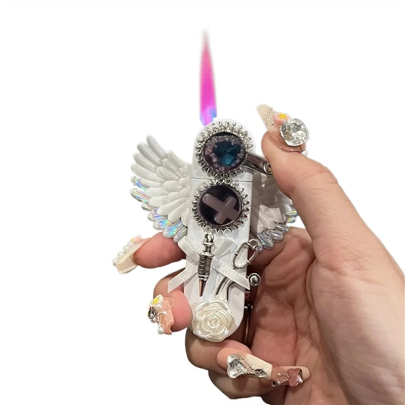 New Angel Wings Pure White Windproof Lighter Jet Holy Pink Flame Inflatable Portable Lighter Cigarette Accessories Girl Gift