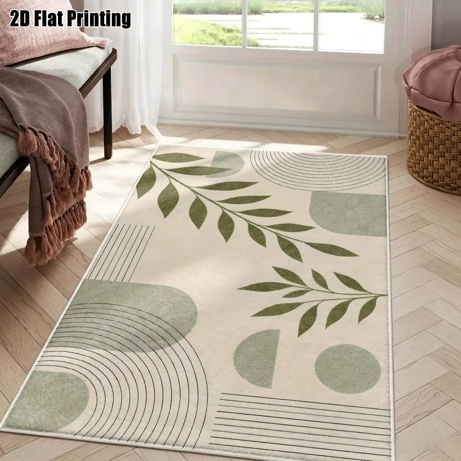 1Pc 2D Printed Velvet Carpet, Light Green Geometric Leaf Branch, Nordic/Instagram Modern Minimalist, Machine Washable, Multi-Size, Home Decor Floor Mat, Multi-Scene Use