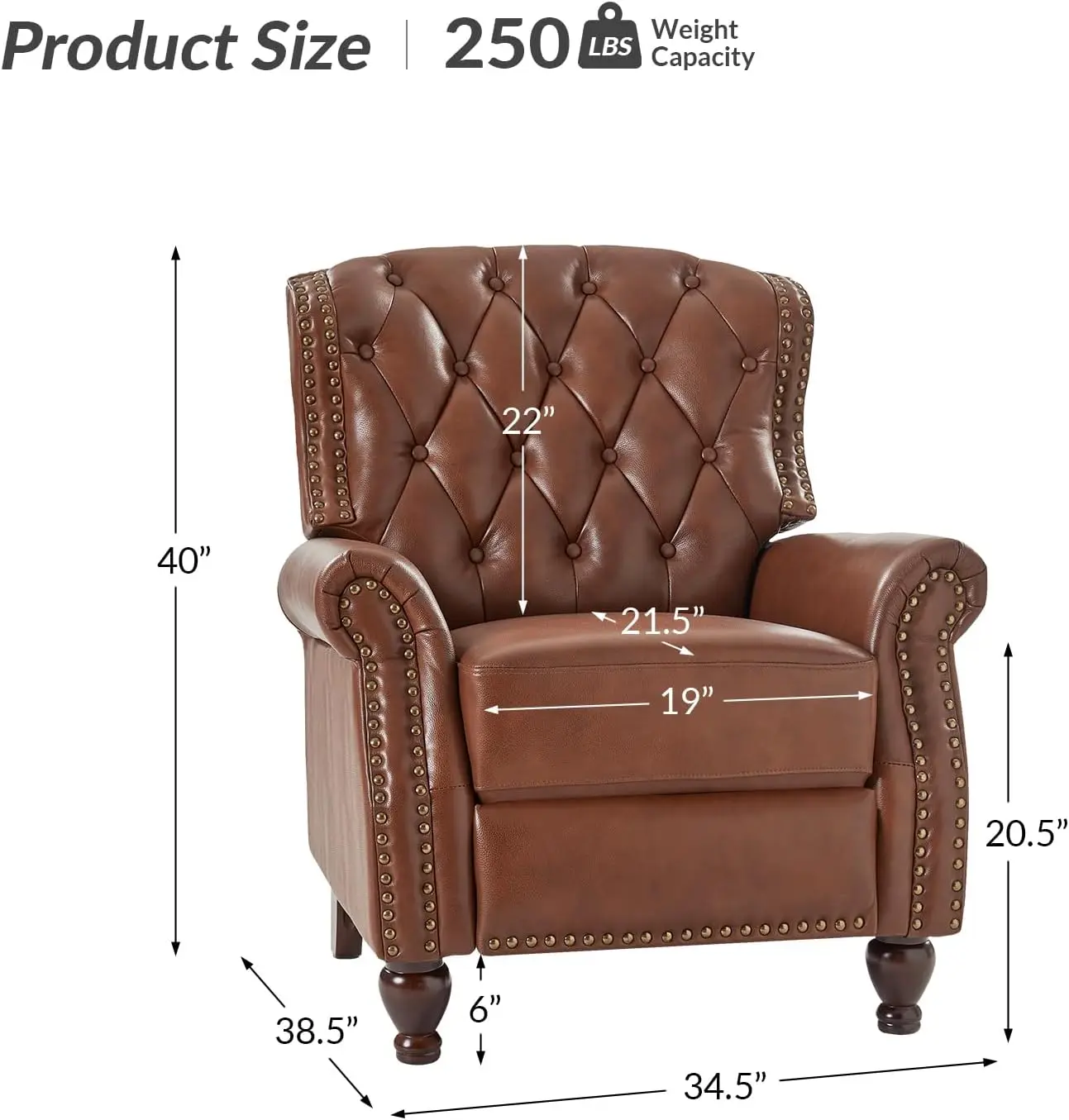 Genuine Leather Recliner Chair with Solid Wood Feet Modern Adjustable Tufted Push Back Arm Chair Sofa for Living Room Brown