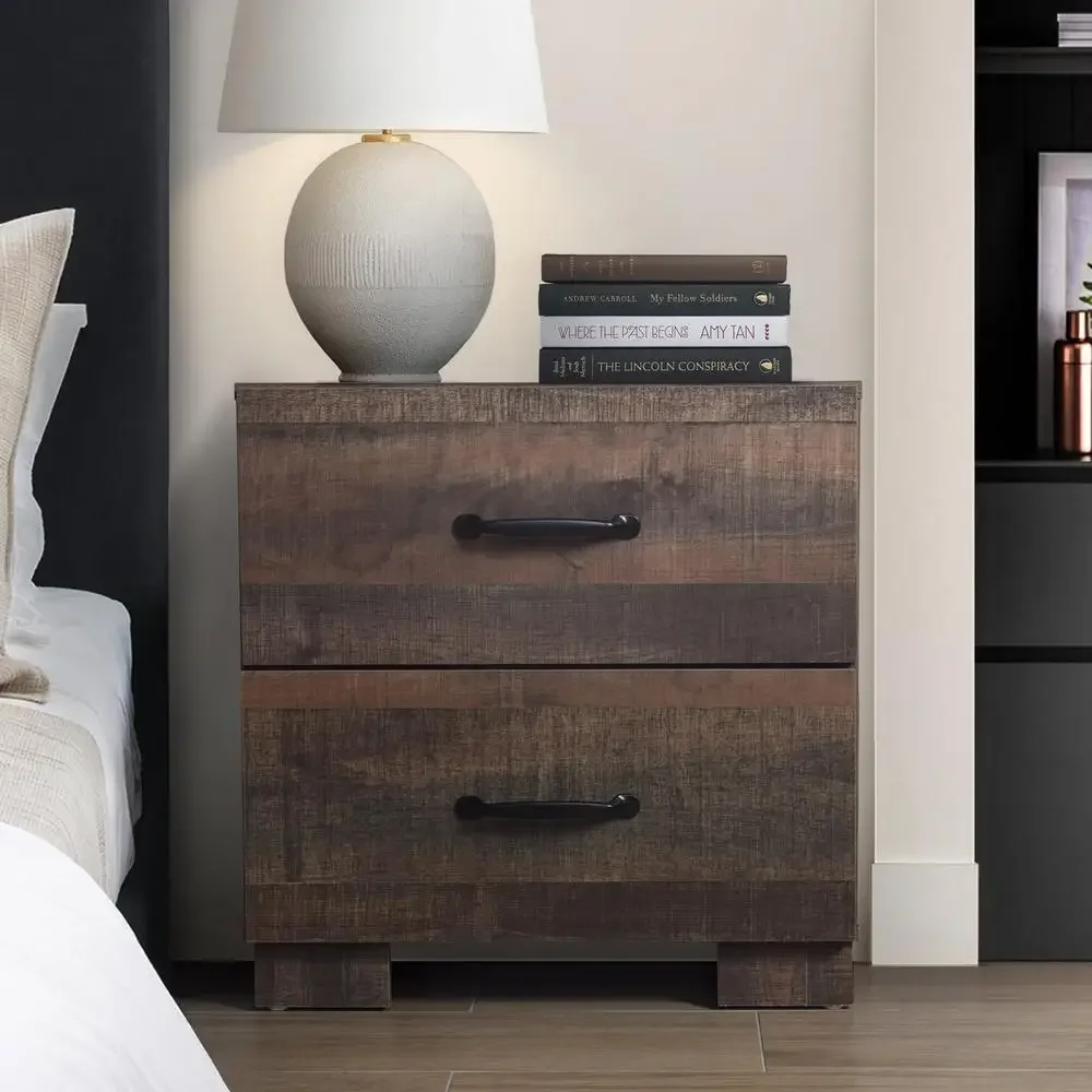 2-Drawer Brown Oak Nightstand Rustic Metal Handle Solid Wood Legs Organizer Storage Easy Assembly