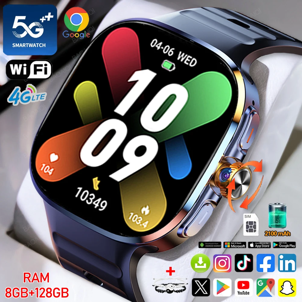 

8GB+128GB RAM 5G/4G Smart Watch 2.4 inch AMOLED 2100mah Battery 900W Camera GPS WIFI Google APPS Download Android 9.0 Smartwatch