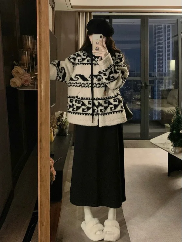 

plus Size Women's Retro Color Blo Plu Lamb Fur Jaet High Waist Skirt Two Piece Set Winter Faion Korean Sle