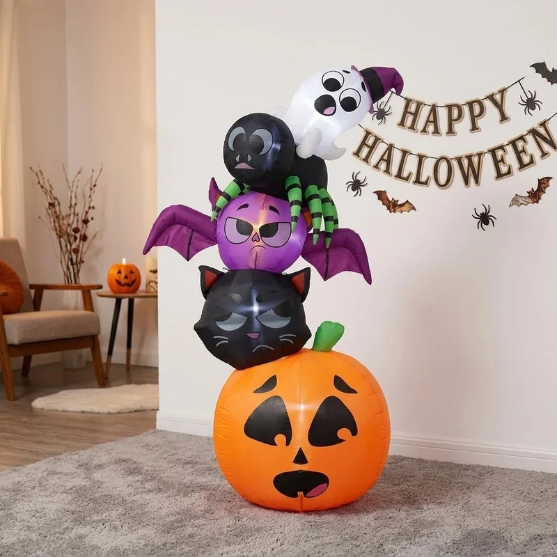 Inflatable Five Layer Stacked Halloween Ornament with Funny Expression Faces for Yard Store Festival Glowing Decoration Display