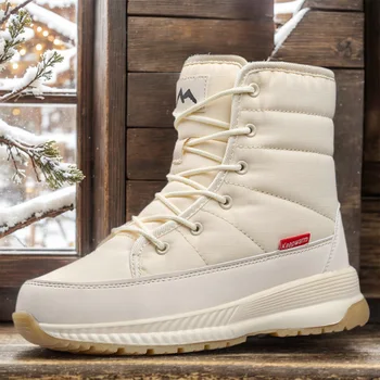 Women High-Top Snow Boots Waterproof High Top Protect Ankle Hiking Boots Thick Warm Winter Non-slip Warm Shoes Lace Up Fur Lined