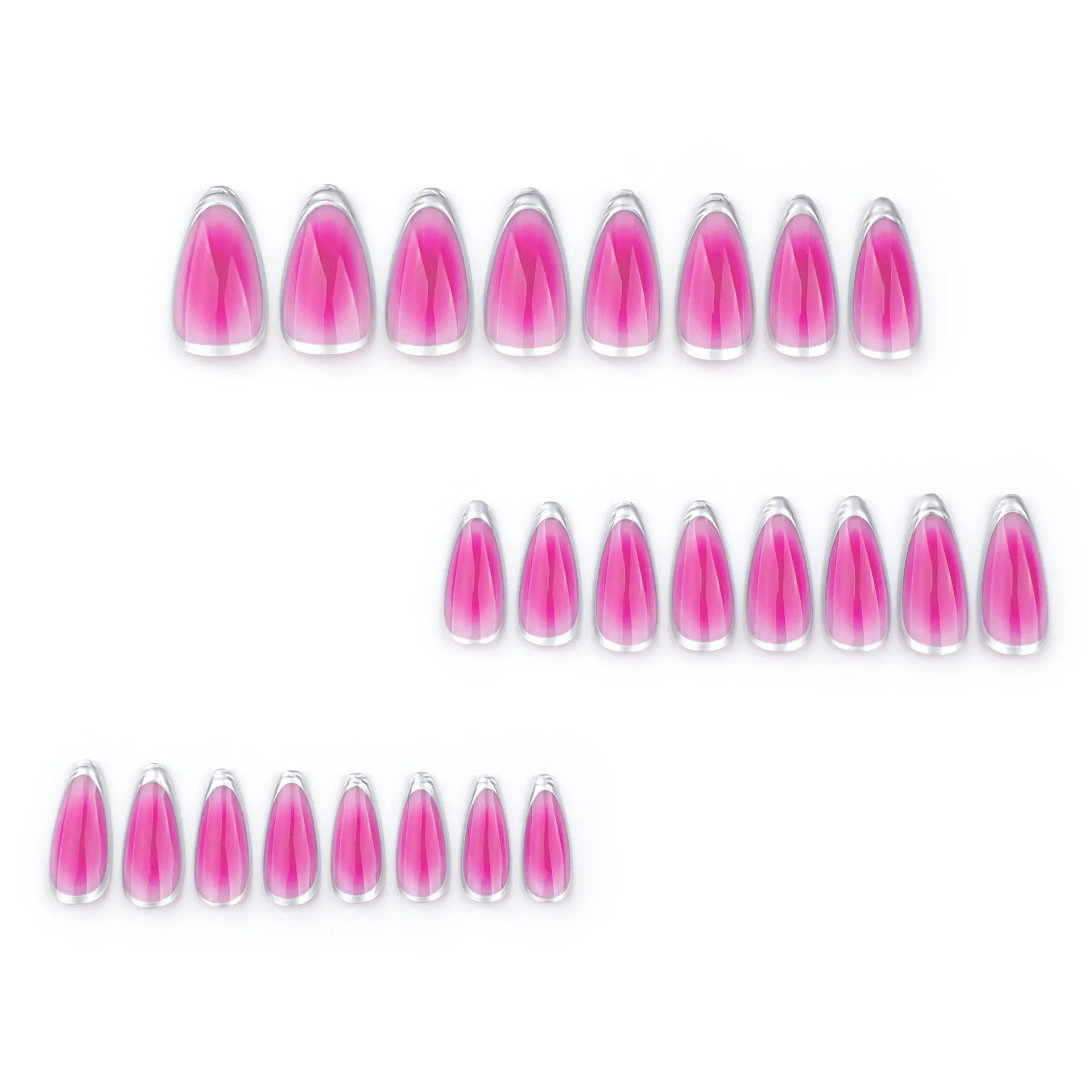 

24Pcs Long Almond Press-on Nails: Metallic Silver Circle Outline with Fuchsia Smudge - Modern & Edgy