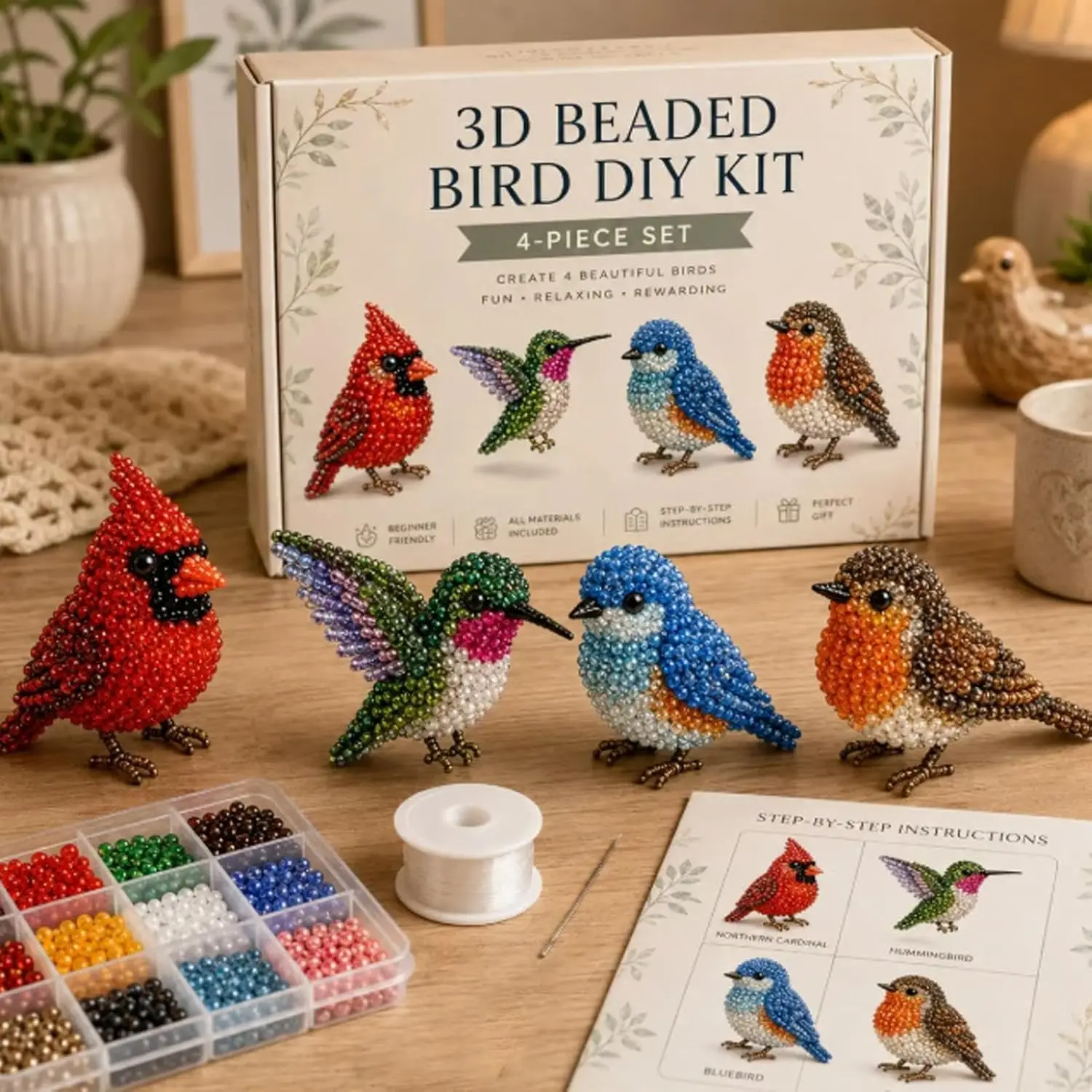 DIY 3D Animal Bead Embroidery Kit, 4pcs Bird Beading Crafts with Instructions, Cute Bead Art Handmade Bird Gift for Beginners