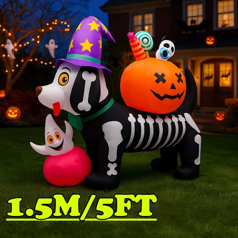 

5FT Halloween Holiday Lighting Holiday Lighting Skeleton Dog with Pumpkin Decorations LED Light Up Blow Up Lawn Outside Decor