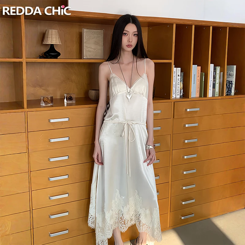 

ReddaChic Vintage Plaid Patchwork Satin Dress Women Coquette Lace Irregular V-neck Drawstring Long Dress Hotties Summer Clothes