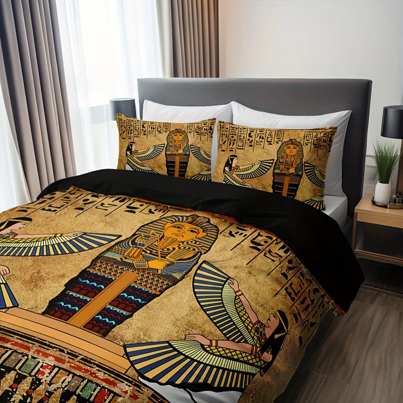 3pcs Ancient Egyptian Art Bedding Set Vibrant Hieroglyphic Pharaoh Design Printed Full Duvet Cover Room Decor，Machine Washable
