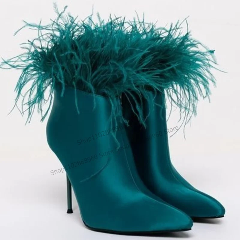 Bottes pointues en satin pour femmes, décoration de plumes, châssis solide, chaussures à talons hauts, fermeture à glissière latérale, Parker, mode 2023