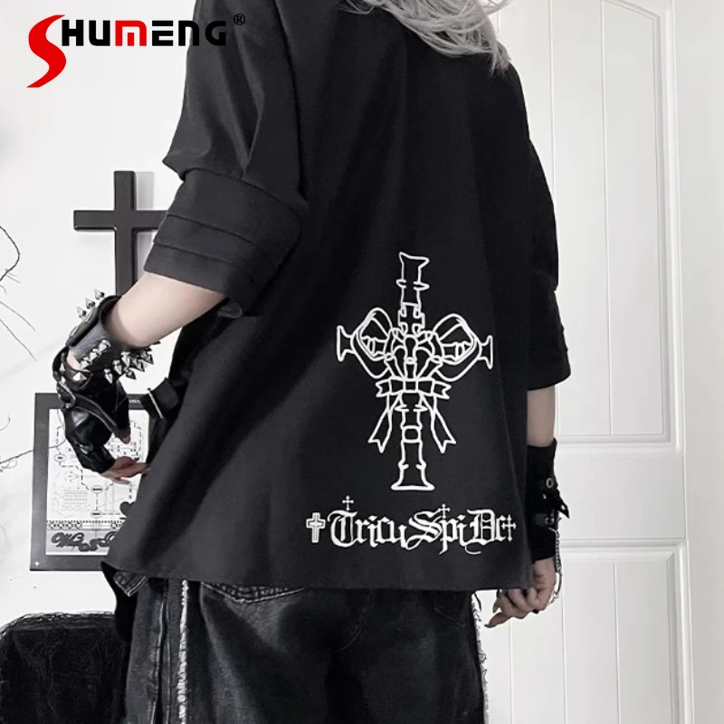 الأصلي ثقافة فرعية القوطية الشرير نمط فضفاض نصف كم قميص الخريف جديد 2025 الفتيات المرأة الحلو كول Y2K قميص علوي دي موهير