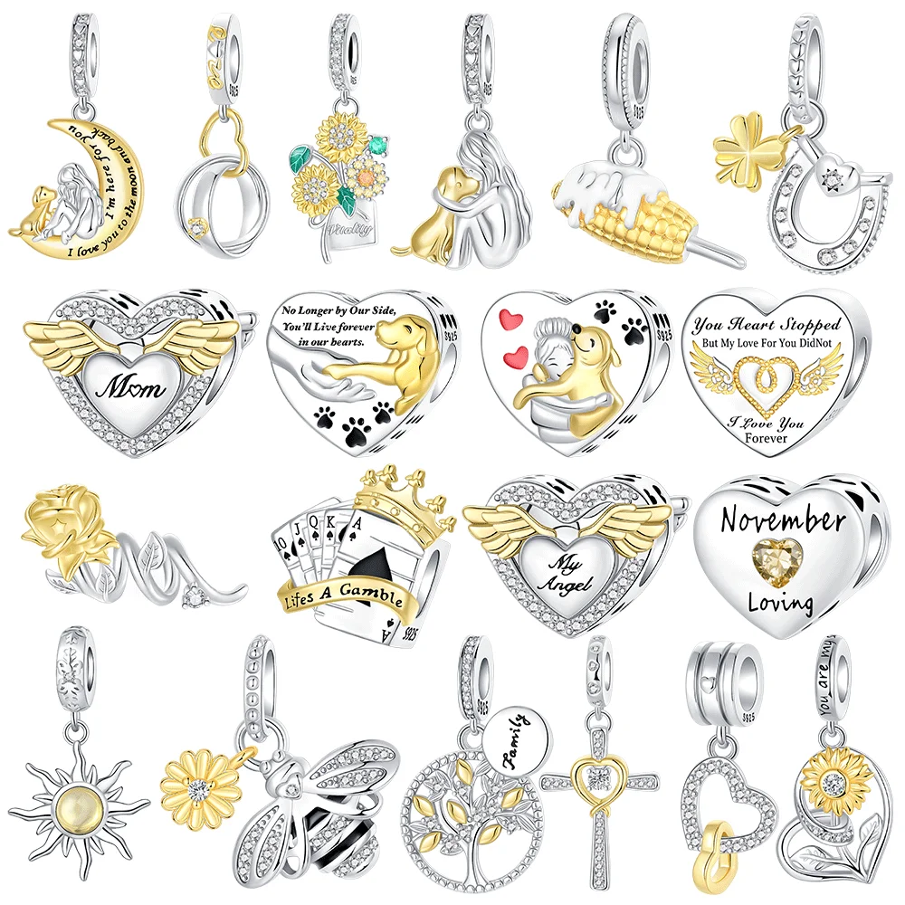 Gold Series Charms Bead Original 925 Sterling Silver Inlaid Zirconium Sun Family Pendants Fit Bracelet Jewelry Gift DIY Marking