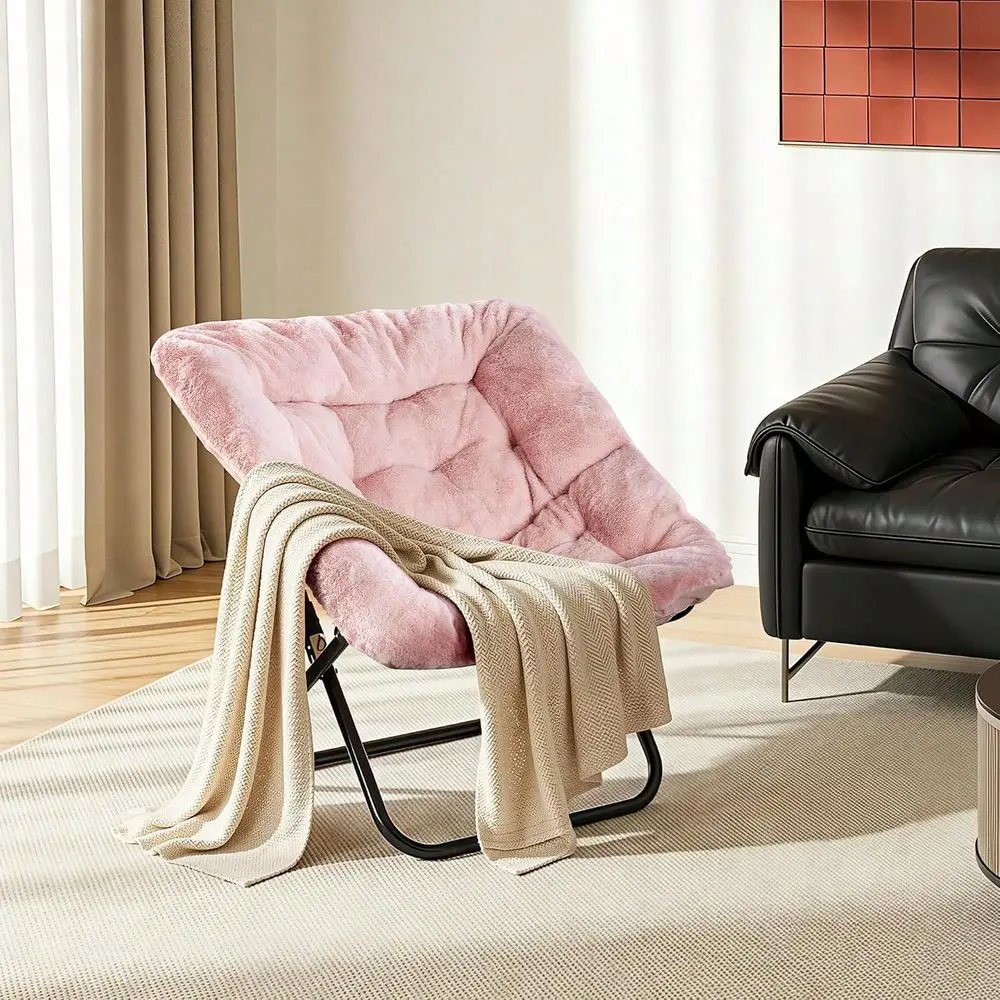 Deluxe Oversized Square Moon Chair For Adults, Soft Faux Fur Folding Lounge Chair With Sturdy Steel Frame, Comfortable Reading