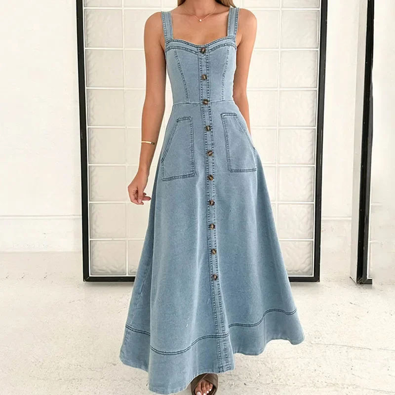 

Summer Suspenders Hollow Pockets A-line Dress Elegant Off Shoulder Waist Long Dresses Female V Neck Single Breasted Denim Dress