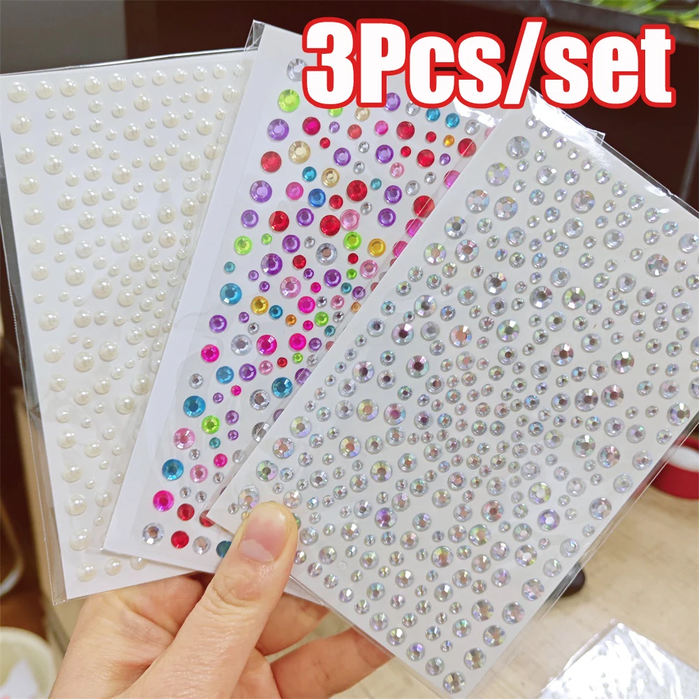 3Pcs/setRainbow/Mermaid/Pearl Diamond Face Stickers Mixed 3/4/5/6mm Round Crystal Face Decal Adhesived Paty Rhinestone Slider