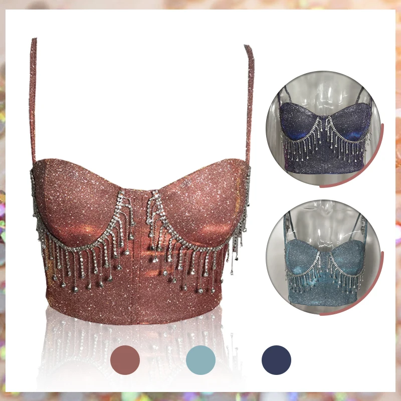 

Gothic Steampunk Women Rhinestone Tassel Corset Bustier Bra Crop Top Bustier Colorful Crystal Tassel Push Up Bralette Tank Tops