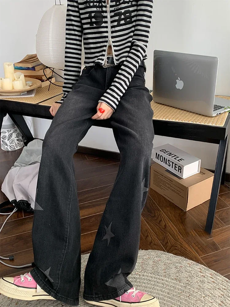 Nova moda jeans preto feminino baggy perna larga elegante ulzzang ins chique all-match bf casual estudantes streetwear jovem vintage