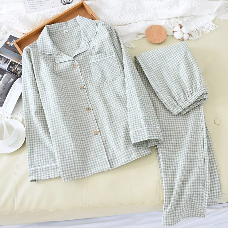 Colored Cotton Pijamas Women Plaid Stripes Sleepwear Long Sleeve Lapel Loungewear Plus Size Two Piece Set Leisure Home Clothes