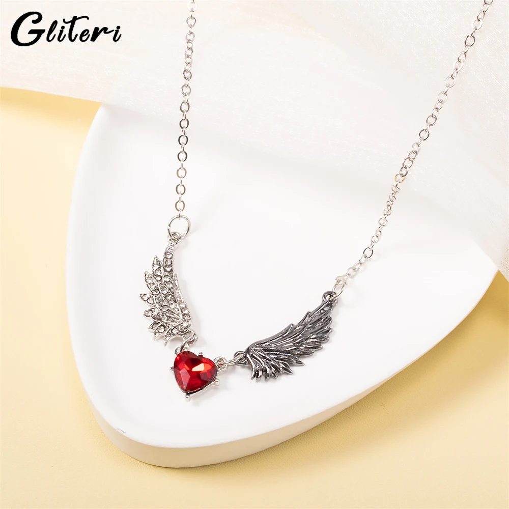 

GEITERI Neo-Gothic Angel Wings Pendant Necklaces For Women Girls Silver Color Heart Crystal Chain Choker Punk Jewelry Party New