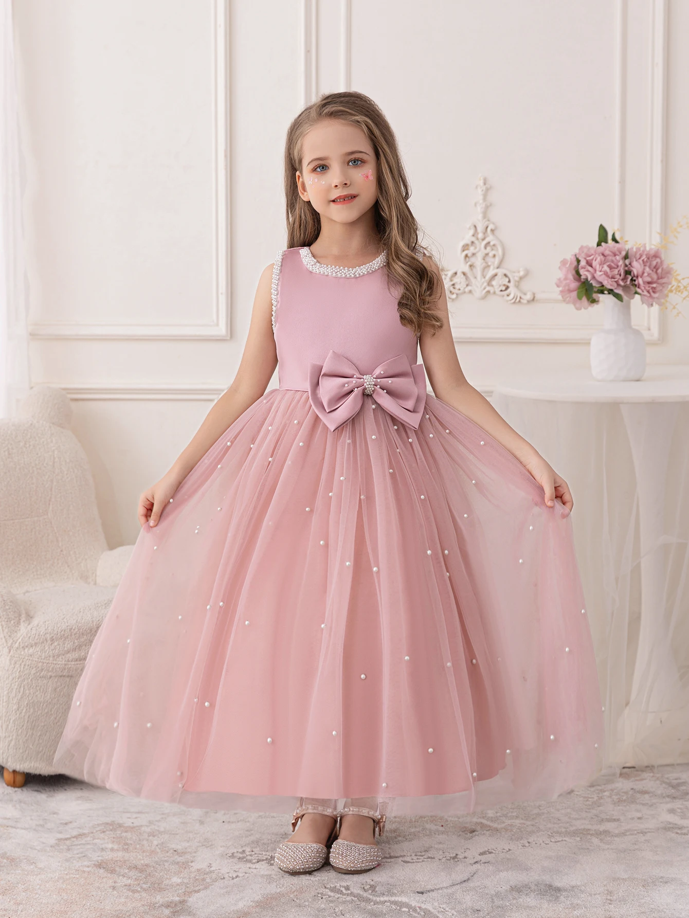 Pink Fluffy Ruffled Tulle Dress With Bow for Girls Suitable For Parties Gatherings and Birthdays