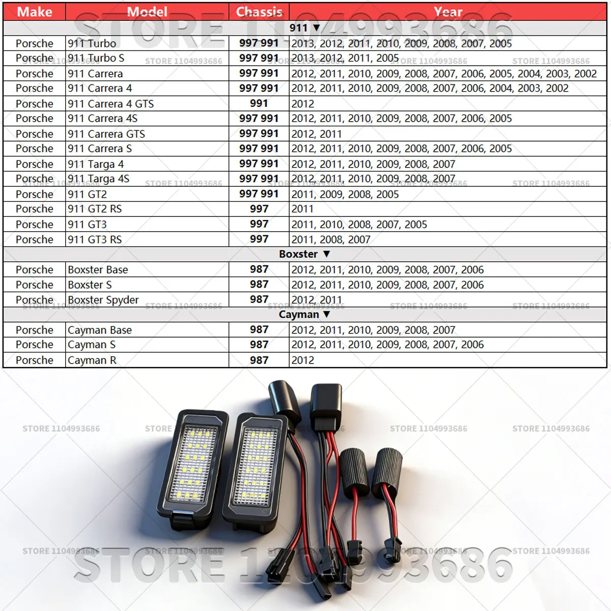 For Porsche 2002-2013 911 (997 991) 718 Boxster (987) Cayman (987) LED Number Plate Lamp 2PCS OEM 99763162000 99763162001
